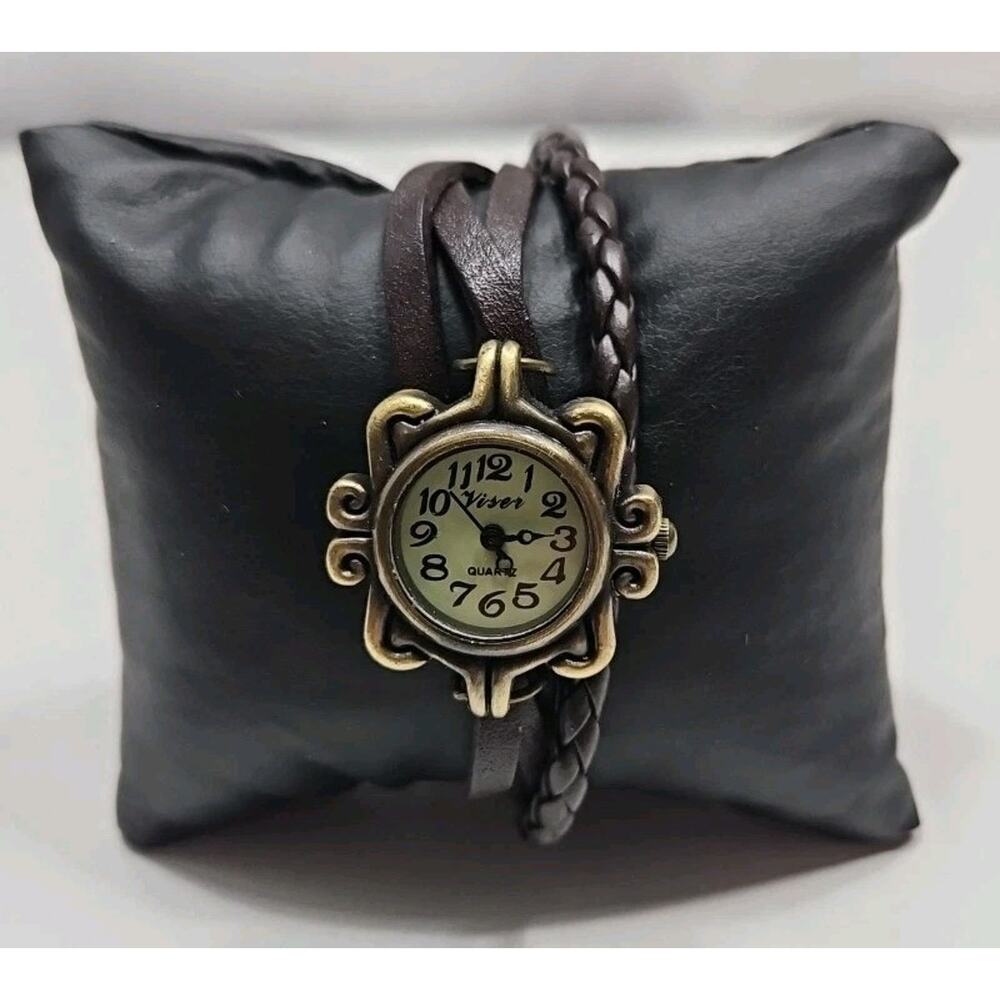 Women's Wristwatch Brass Tone Braided Black Leather Band Butterfly Charm W130